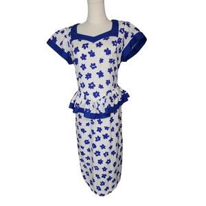 Vintage 80s Sunshine Starshine Blue & White Floral Sheath Dress